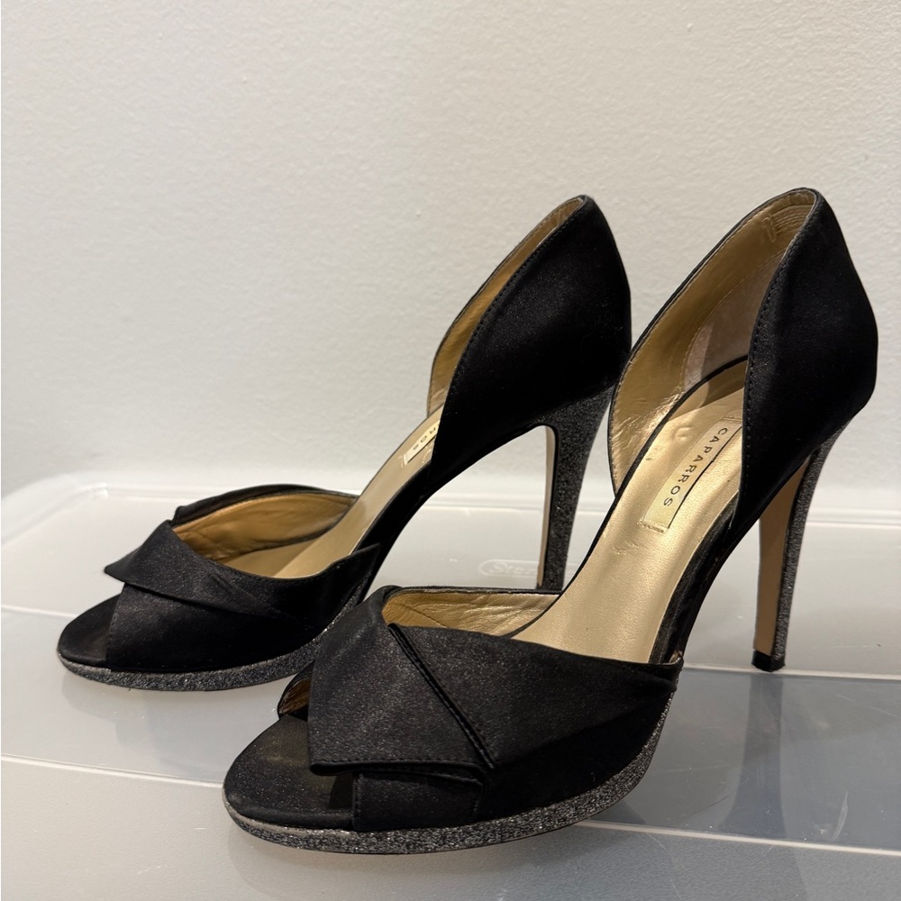 Caparros Black Satin Peep-Toe Heels